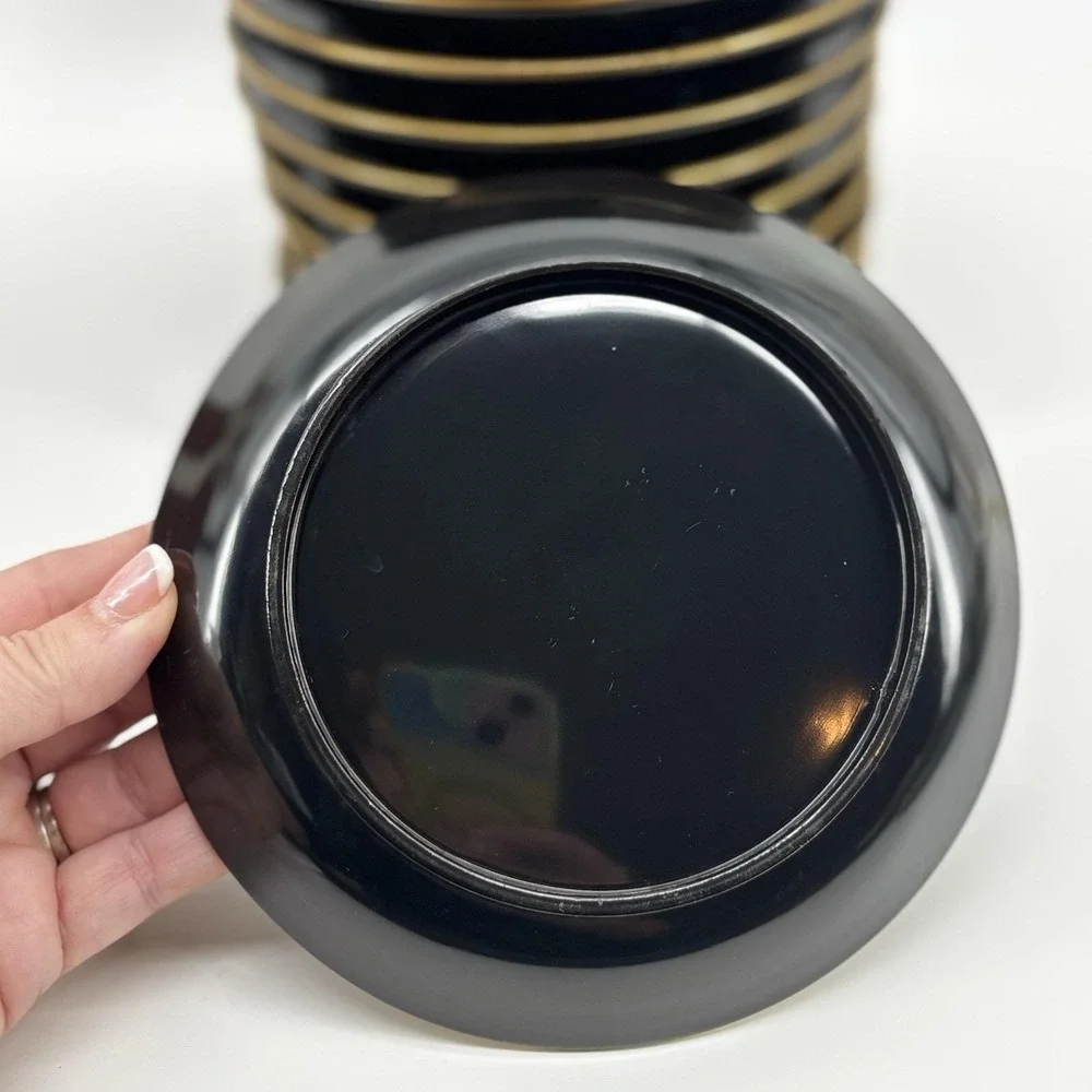 Vintage Japanese Lacquerware  6.5 Inch Plates Black  Gold Trim Set Of 12‎ Sushi